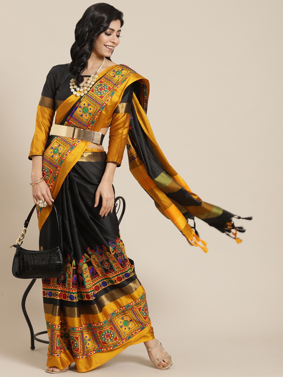 

SERONA FABRICS Black & Mustard Embellished Kutchi Embroidery Silk Cotton Saree