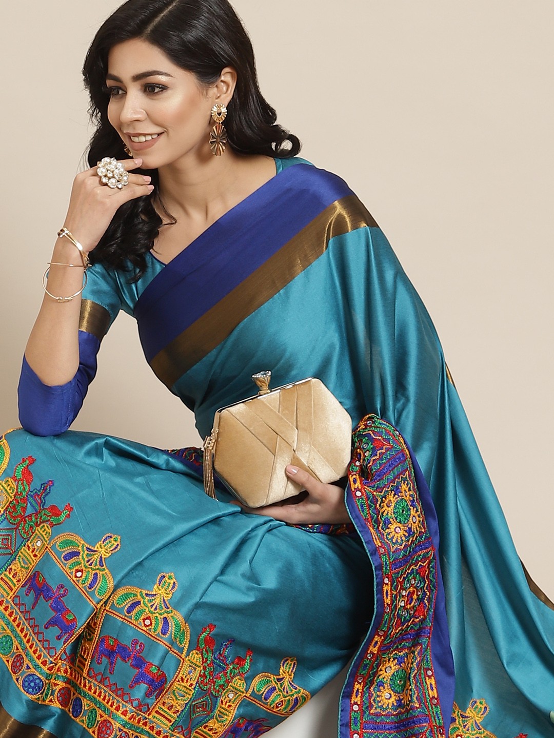 

SERONA FABRICS Turquoise Blue Embellished Kutchi Embroidery Silk Cotton Saree