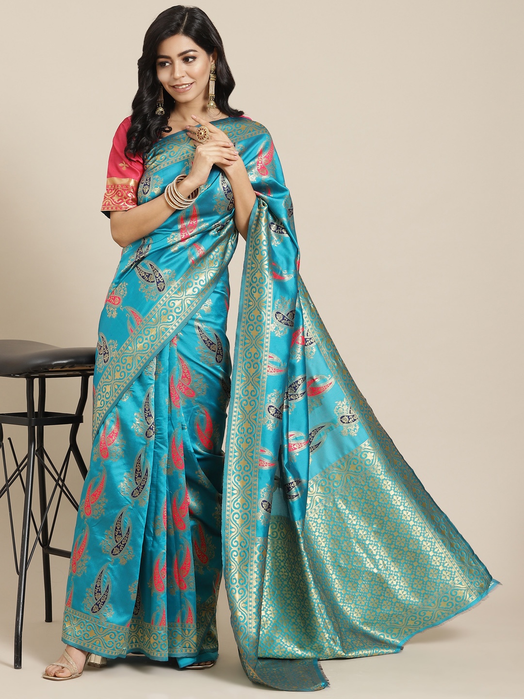 

SERONA FABRICS Turquoise Blue Woven Design Banarasi Saree