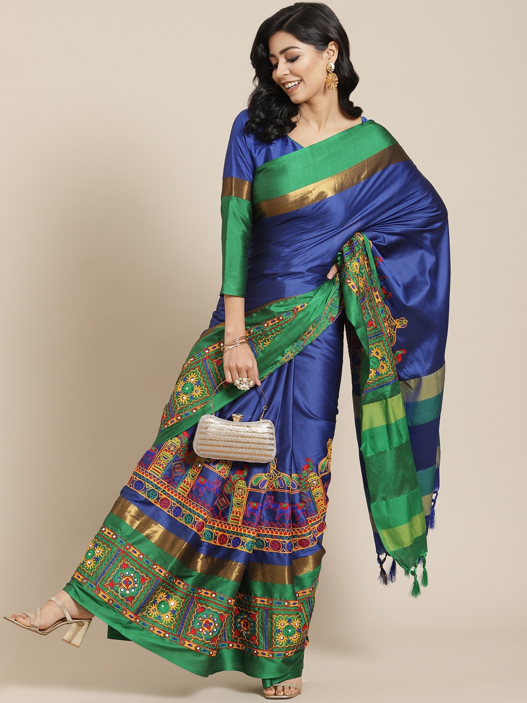SERONA FABRICS Blue & Green Embroidered Silk Cotton Saree