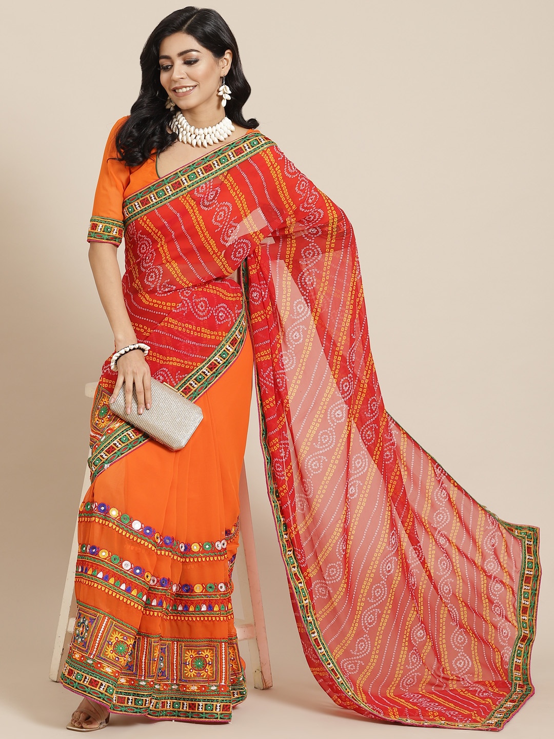 

SERONA FABRICS Red & Orange Bandhani Pure Georgette Half and Half Bandhani Saree