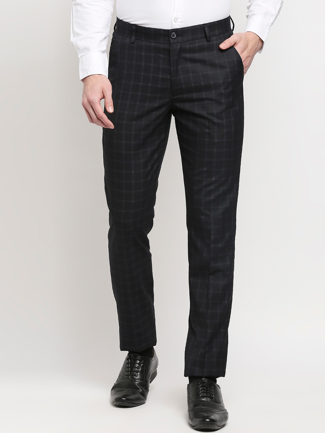 

Solemio Men Navy Blue Checked Regular Fit Trousers