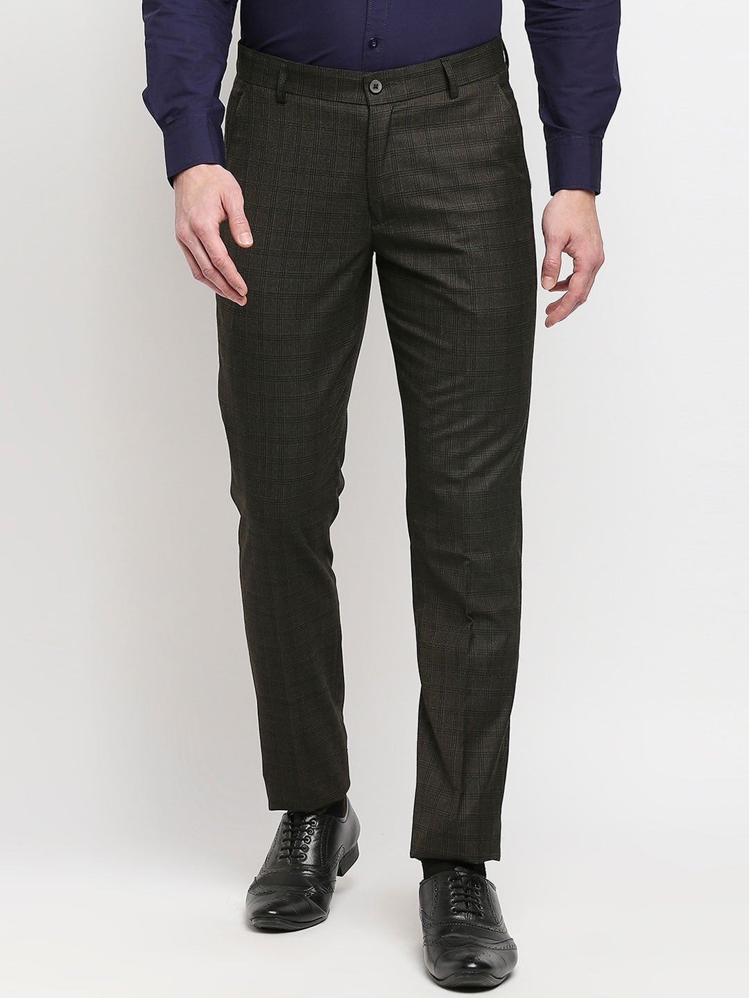 

Solemio Men Brown Checked Regular-Fit Formal Trousers