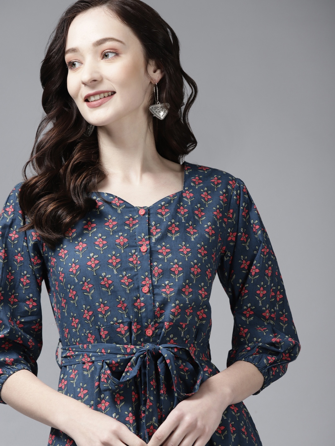 

Yufta Blue & Peach Ethnic Motifs Sweetheart Neck Ethnic A-Line Midi Dress