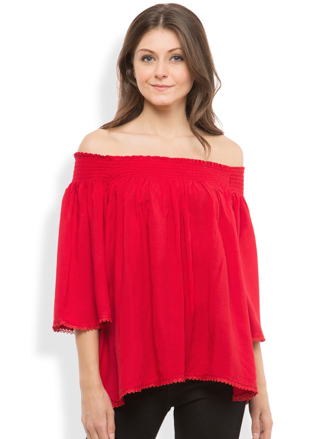 

Tokyo Talkies Women Red Solid Off-Shoulder Top