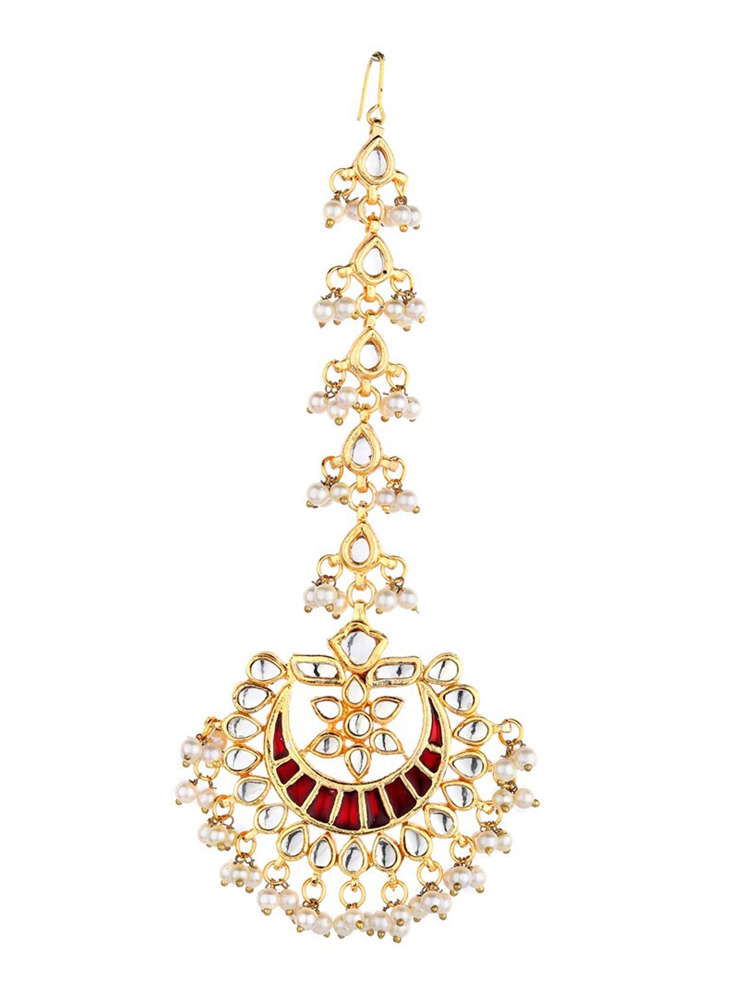 

Runjhun Gold-Plated White & Maroon Kundan-Studded & Beaded Maang Tikka