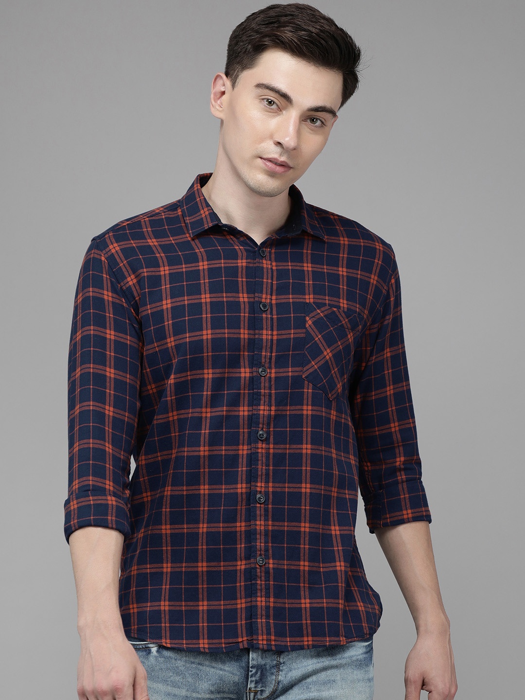 

Voi Jeans Men Navy Blue & Orange Pure Cotton Standard Slim Fit Checked Casual Shirt