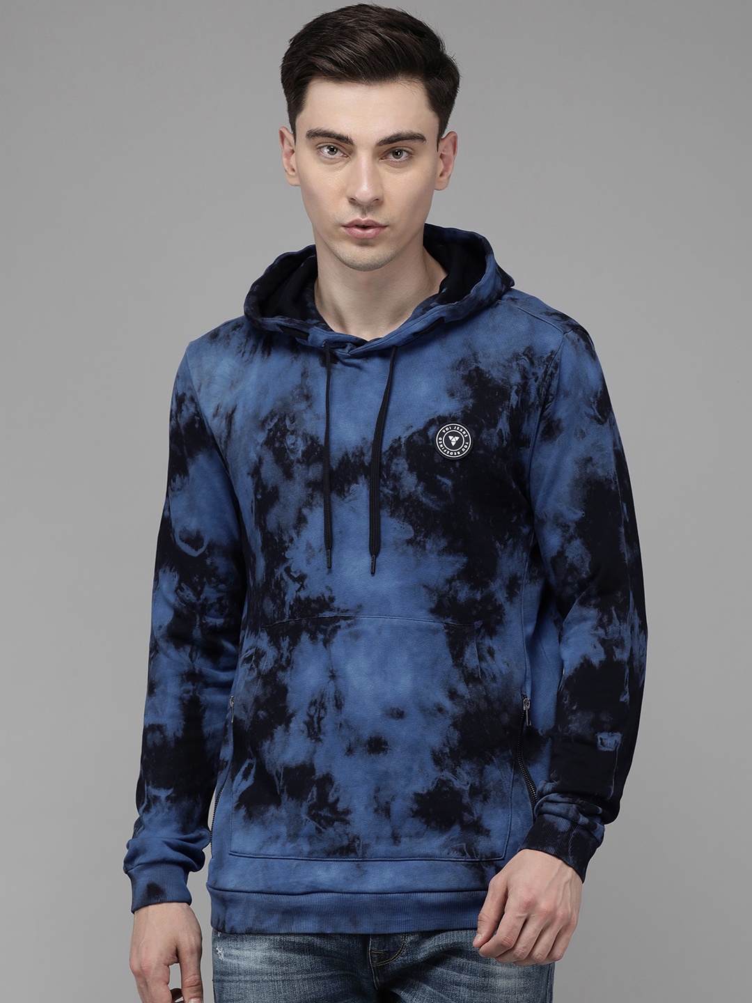 

Voi Jeans Men Blue Printed Tie & Dye Hooded Sweatshirt