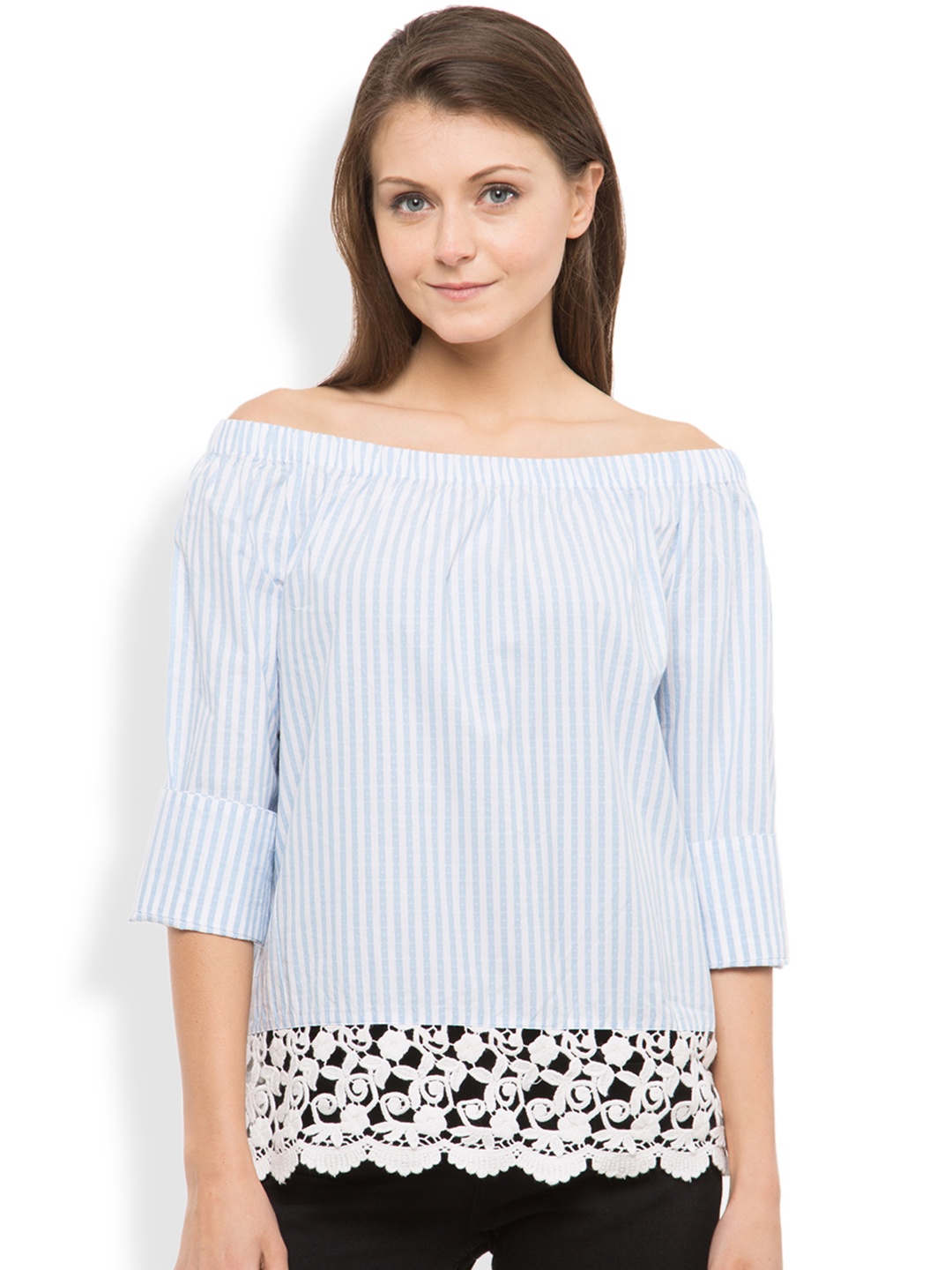 

Tokyo Talkies Women White & Blue Striped Off-Shoulder Top