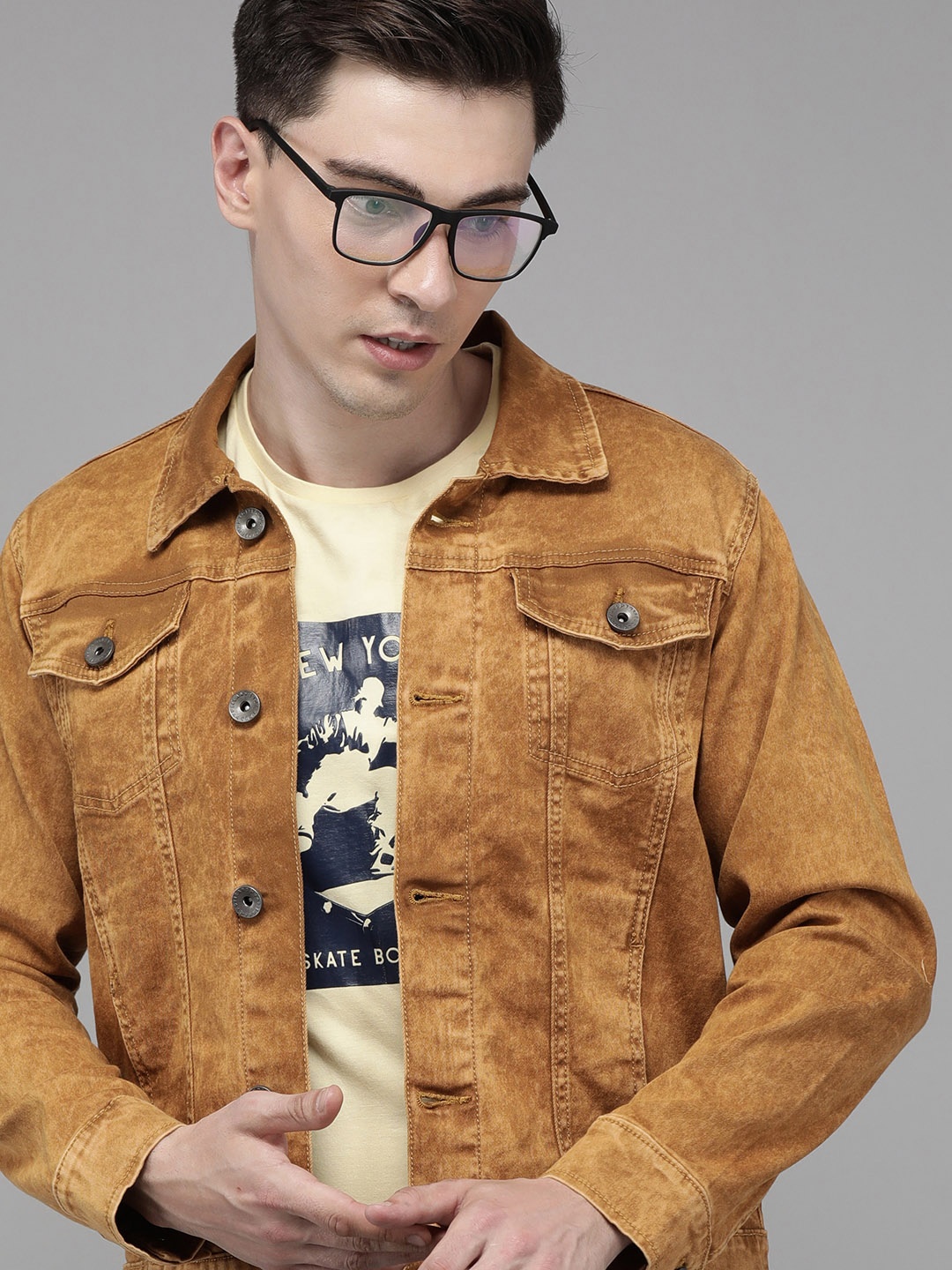 

Voi Jeans Men Brown Pure Cotton Washed Denim Jacket