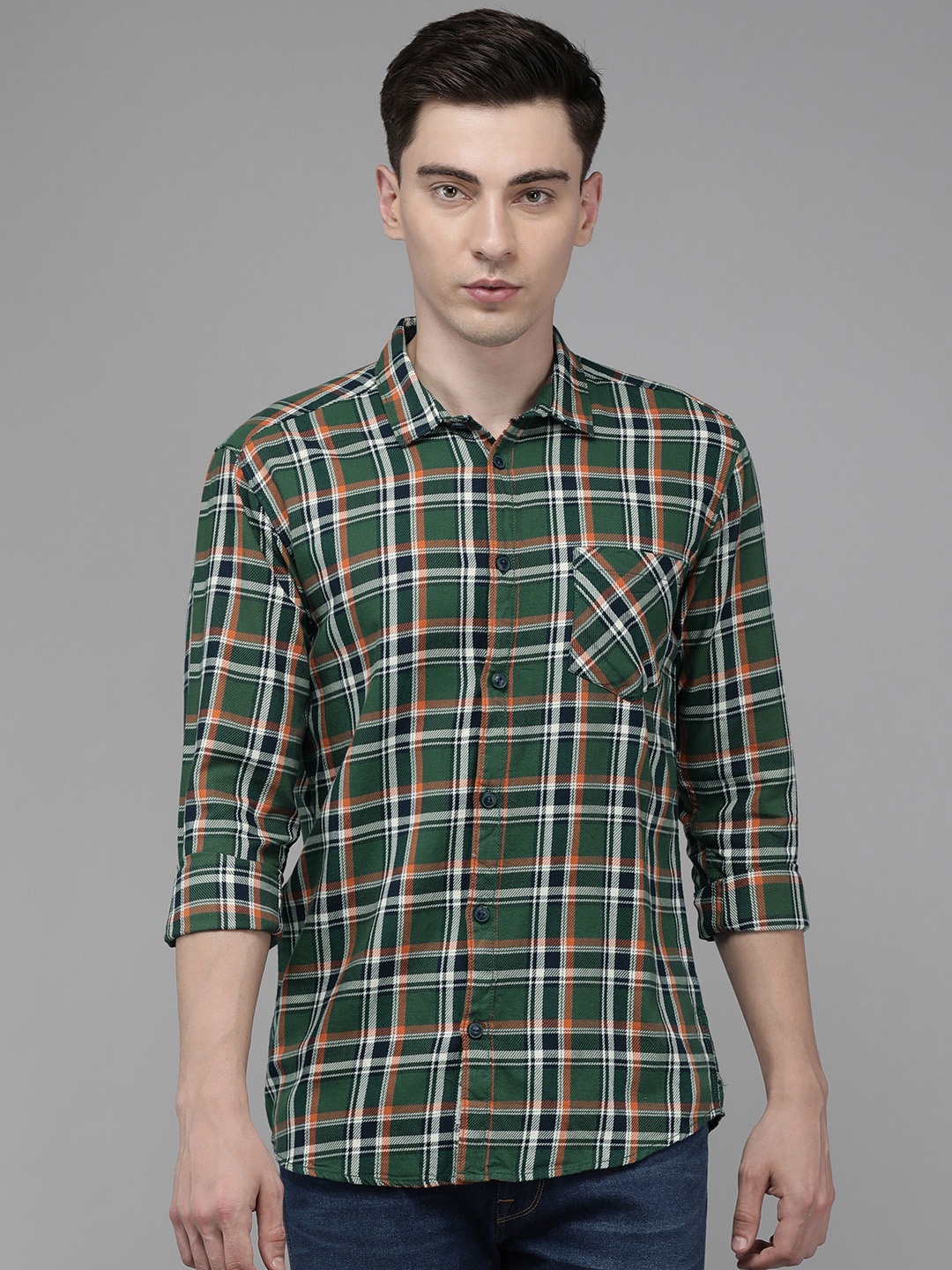 

Voi Jeans Men Olive Green Standard Slim Fit Checked Casual Shirt