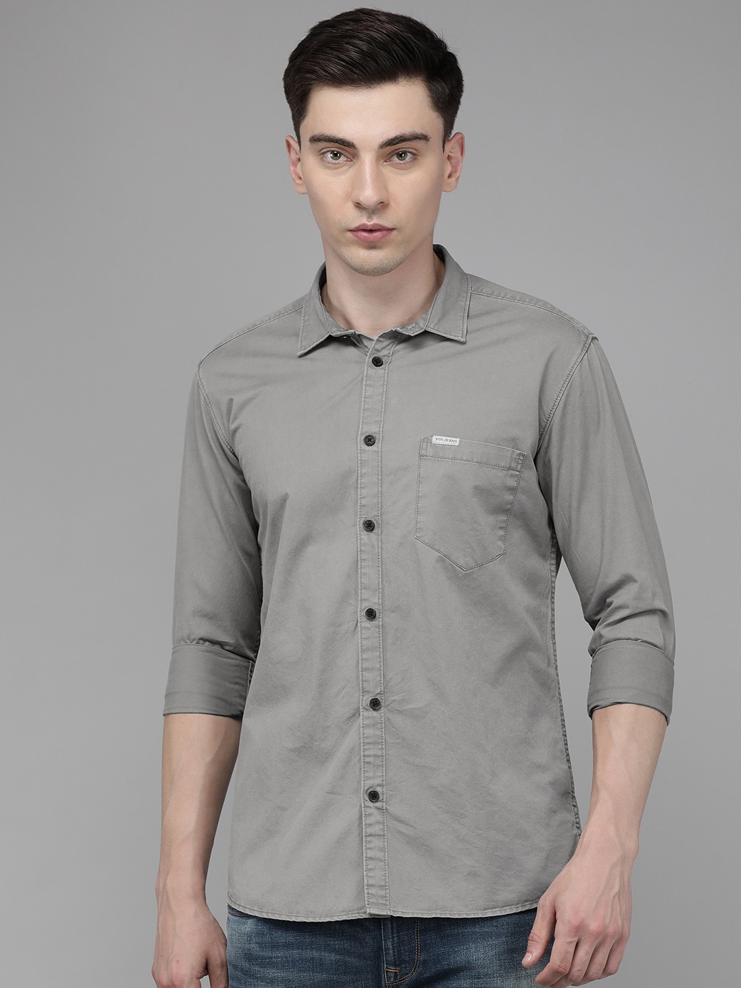 

Voi Jeans Men Grey Pure Cotton Standard Slim Fit Casual Shirt