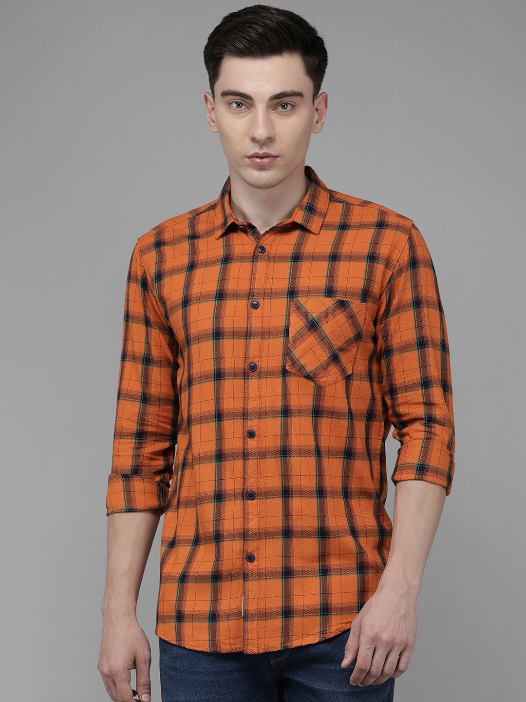 

Voi Jeans Men Orange Standard Slim Fit Tartan Checks Checked Casual Shirt