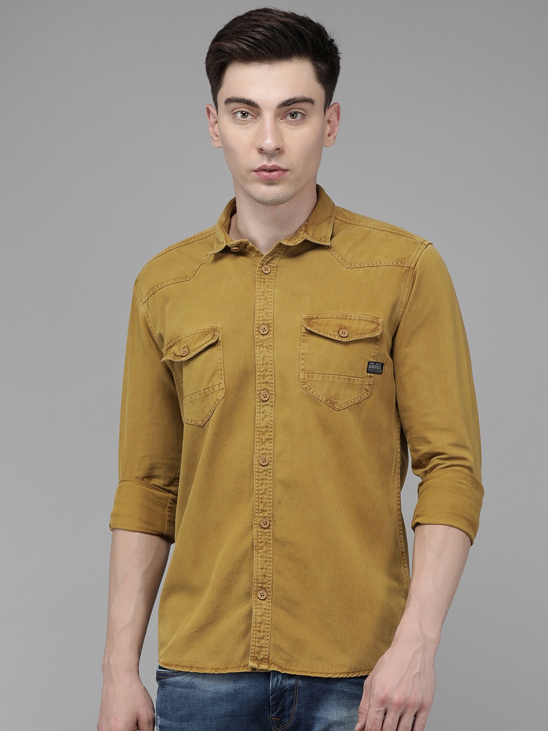 

Voi Jeans Men Khaki Solid Pure Cotton Standard Slim Fit Casual Shirt