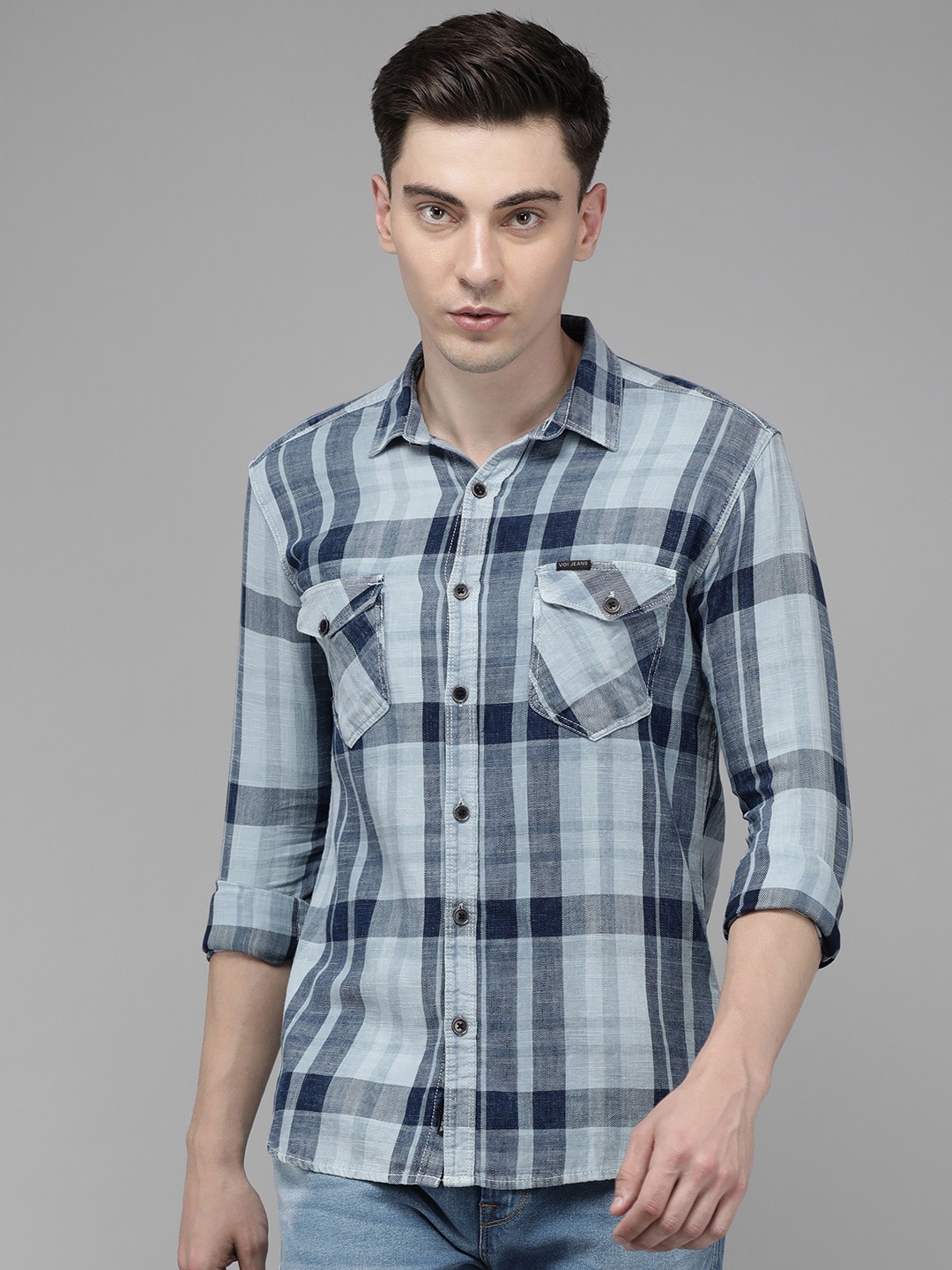 

Voi Jeans Men Blue Pure Cotton Standard Slim Fit Tartan Checks Casual Shirt