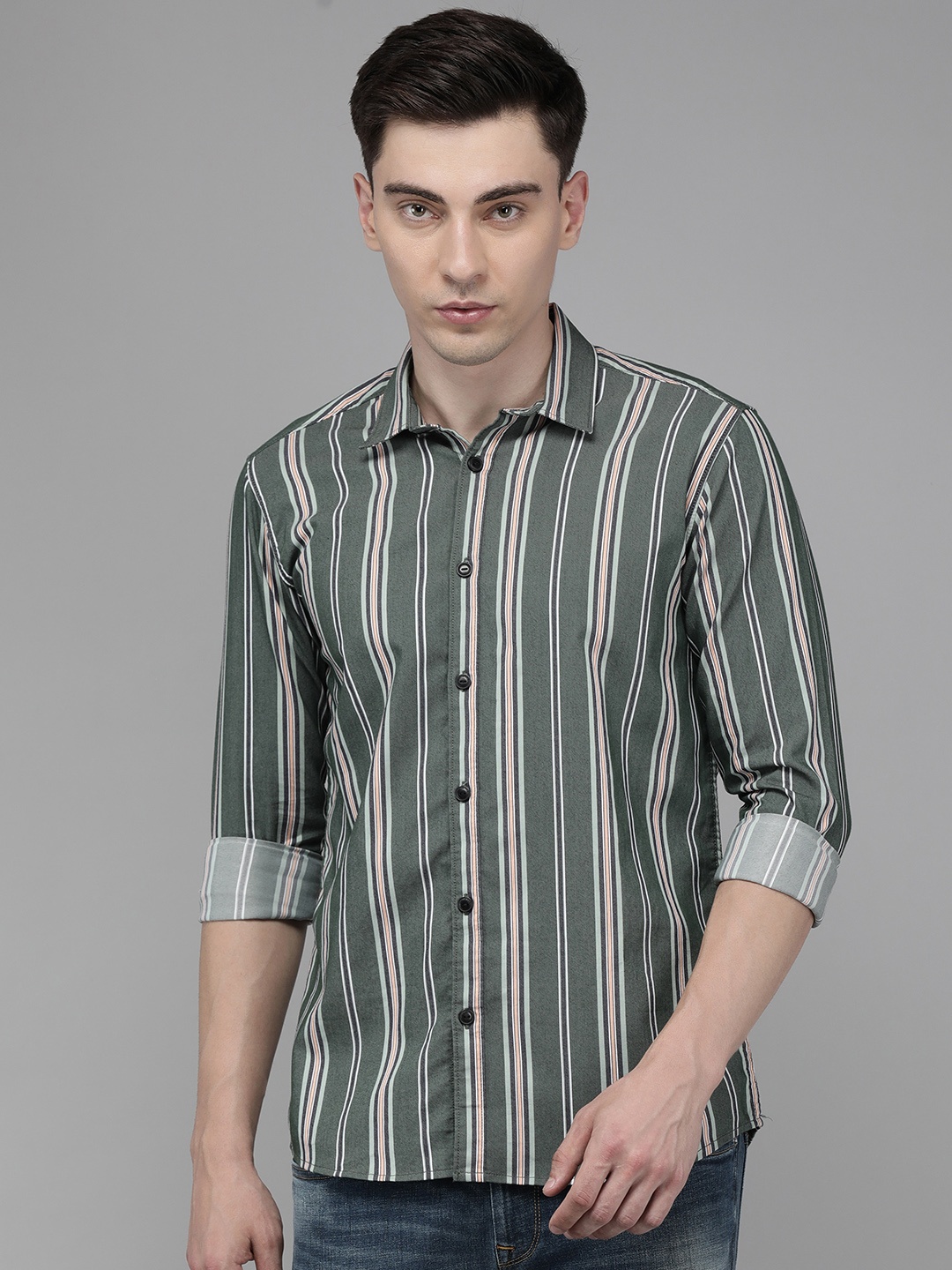 

Voi Jeans Men Olive Green Standard Slim Fit Striped Casual Shirt