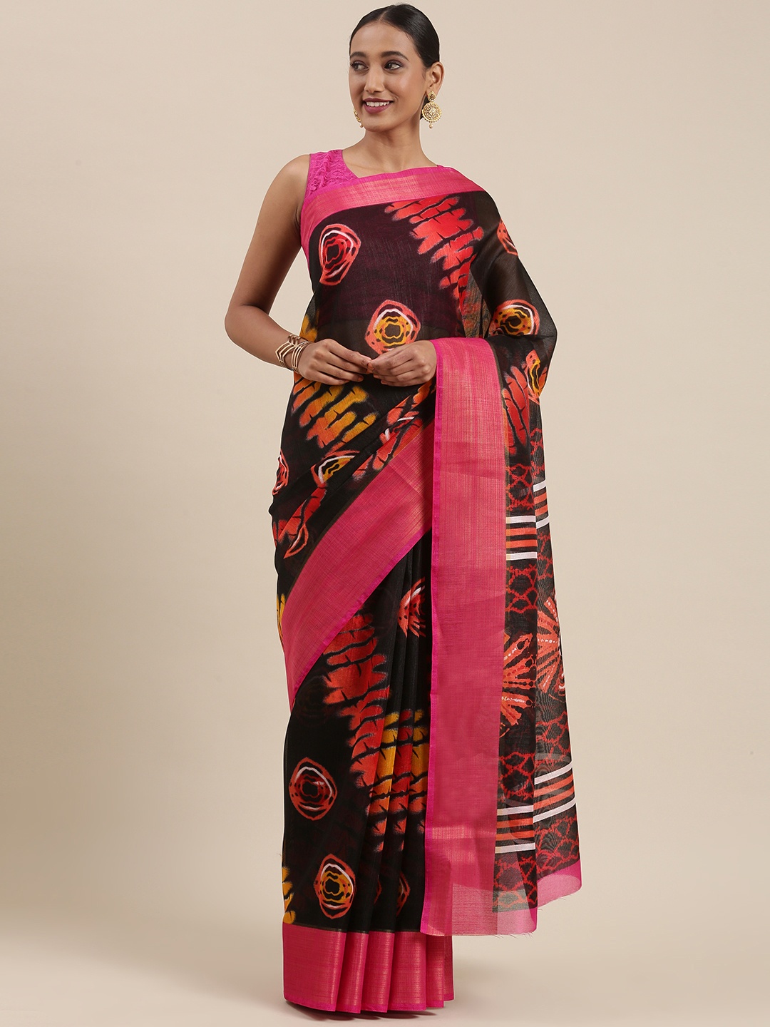 

Pothys Black & Pink Geometric Printed Saree
