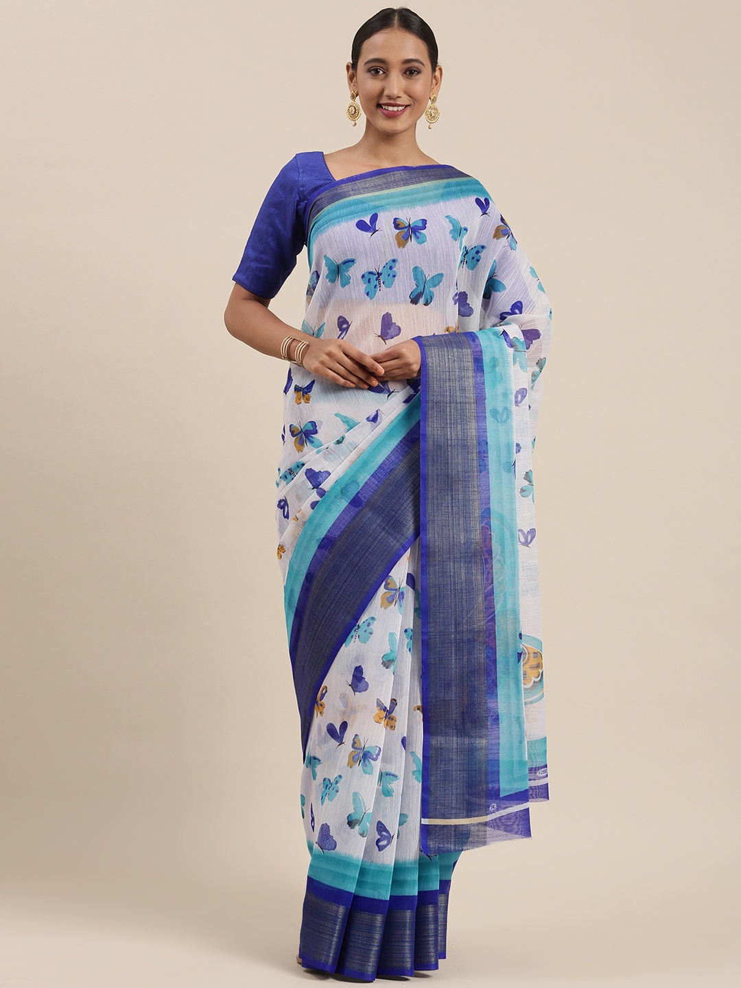 

Pothys Off White & Blue Ethnic Motifs Printed Saree