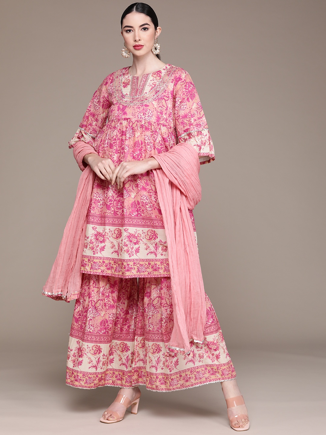 

aarke Ritu Kumar Women Pink Pure Cotton Floral Printed Kurta with Sharara & Dupatta