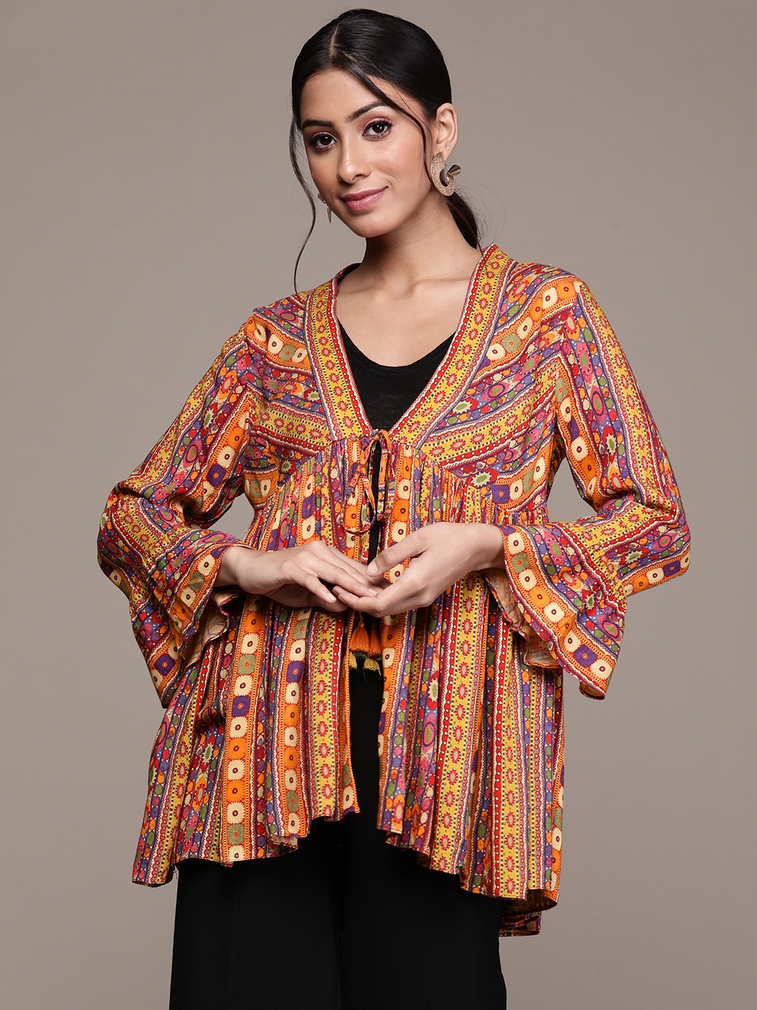 

aarke Ritu Kumar Women Yellow & Red Geometric Print Tie-Up Shrug