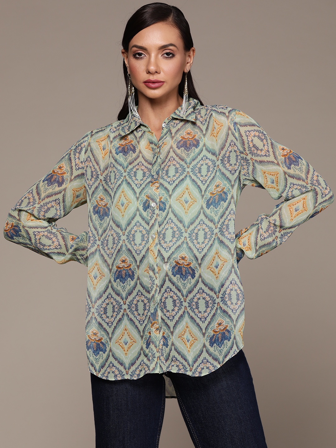 

aarke Ritu Kumar Women Blue & Green Ethnic Motif Printe Casual Shirt