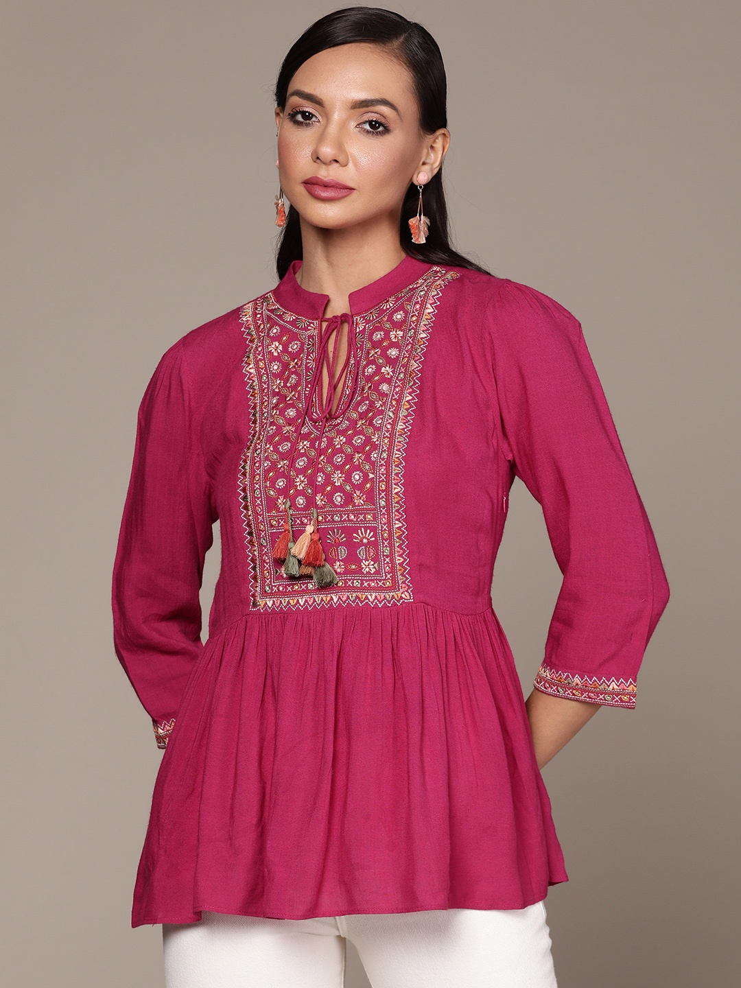 

aarke Ritu Kumar Pink & Orange Floral Embroidered Tie-Up Neck Top