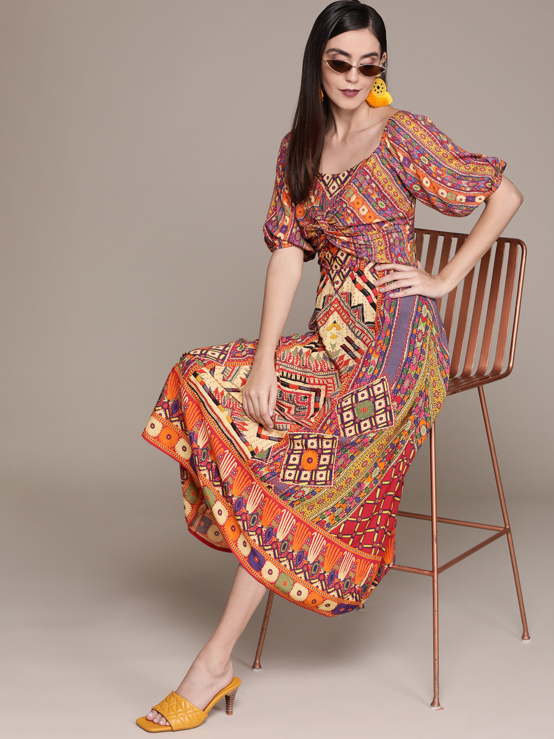 

aarke Ritu Kumar Women Yellow & Purple Abstract Printed A-Line Midi Dress