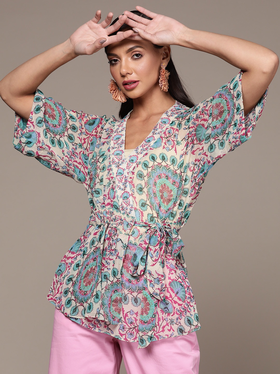 

aarke Ritu Kumar Beige & Blue Floral Print Georgette Wrap Top