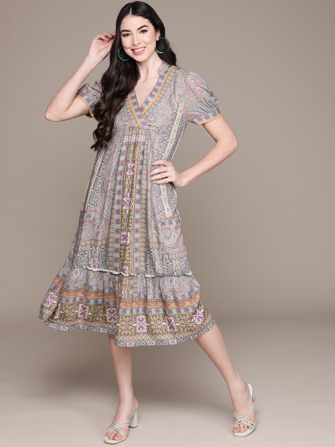 

aarke Ritu Kumar Women Blue & Pink Ethnic Motifs Printed A-Line Midi Dress