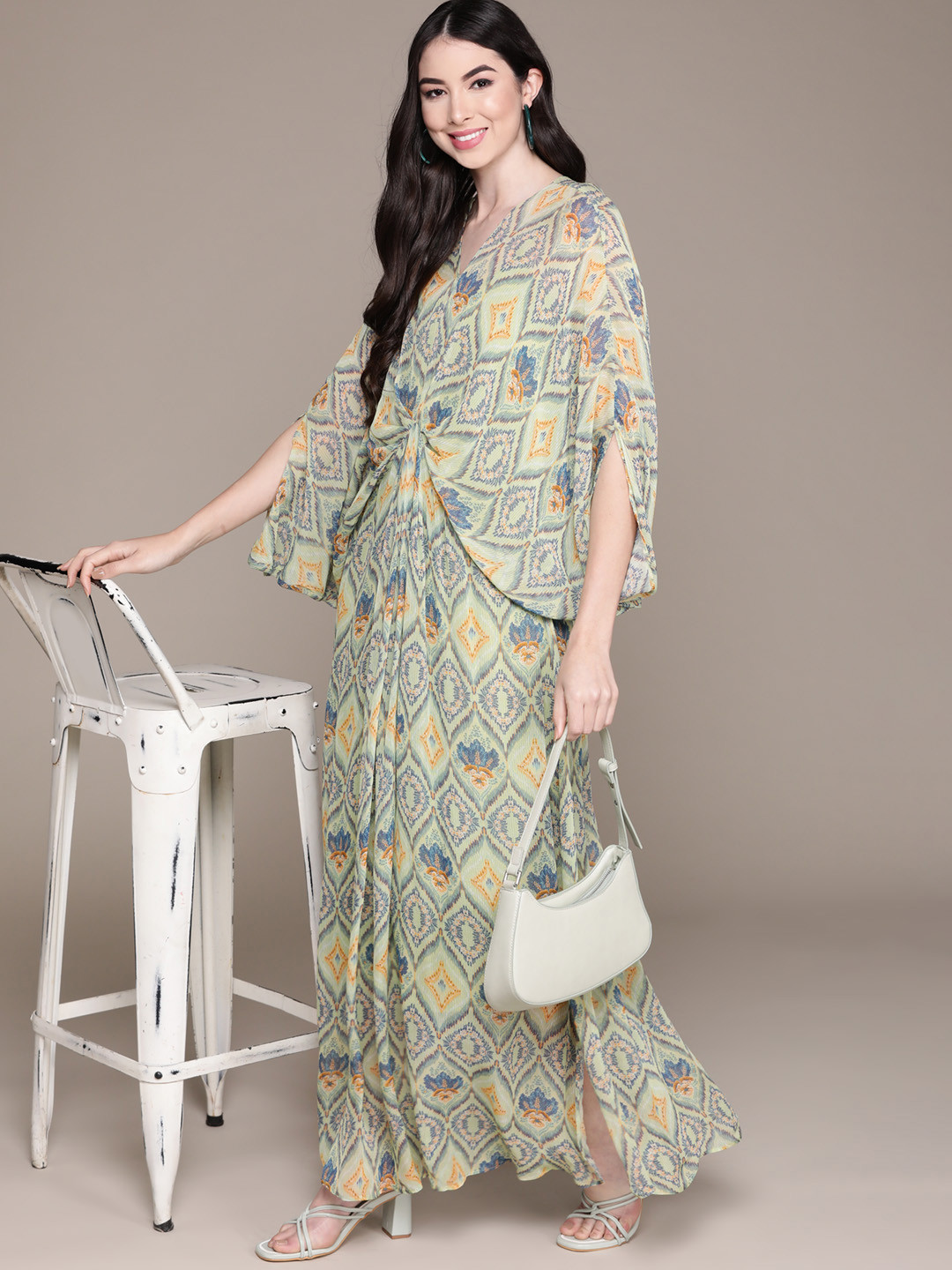 

aarke Ritu Kumar Women Blue & Yellow Abstract Printed Kaftan Maxi Dress