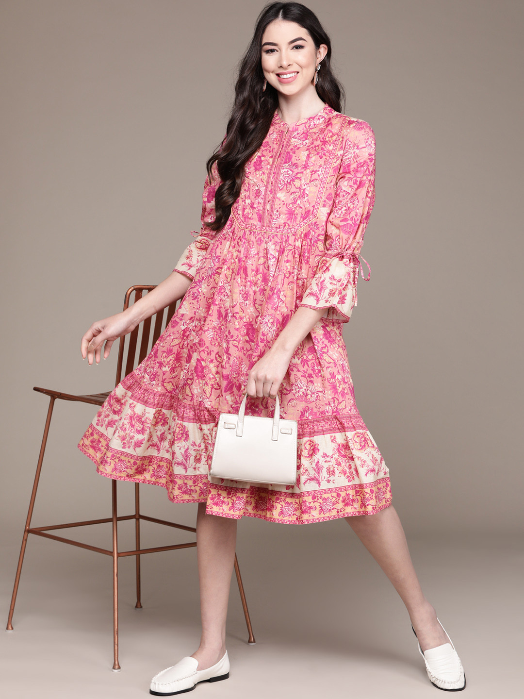 

aarke Ritu Kumar Women Pink & White Ethnic Motifs Printed A-Line Midi Dress