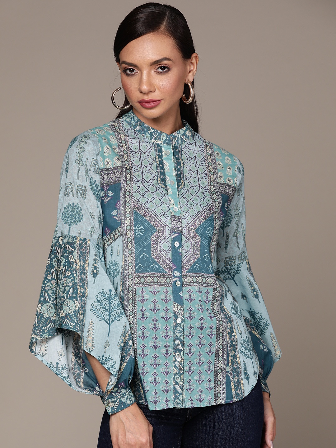 

aarke Ritu Kumar Women Blue & Purple Pure Cotton Ethnic Motif Print Casual Shirt