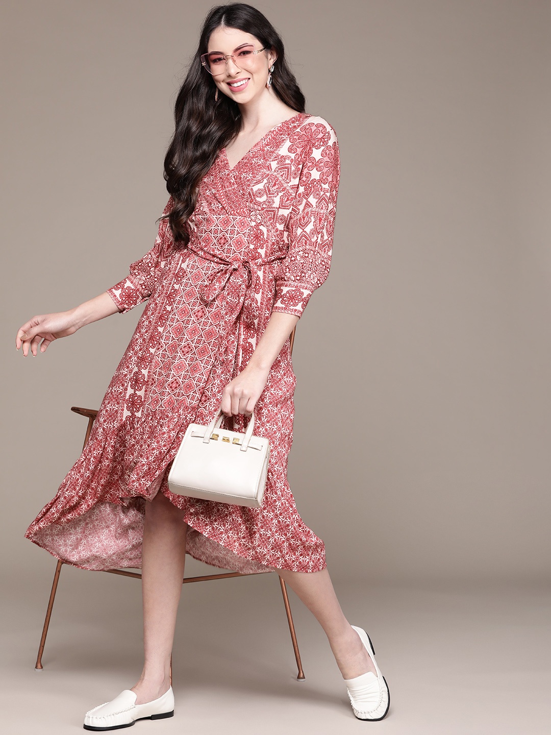 

aarke Ritu Kumar Women Red & White Ethnic Motifs Printed A-Line Midi Dress