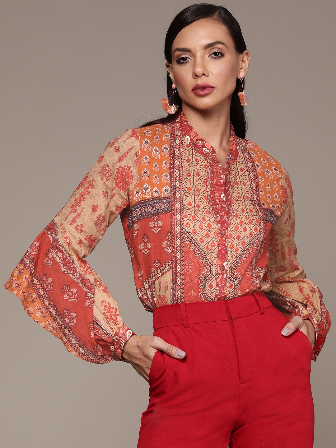 

aarke Ritu Kumar Women Rust & Beige Pure Cotton Ethnic Motif Printed Casual Shirt