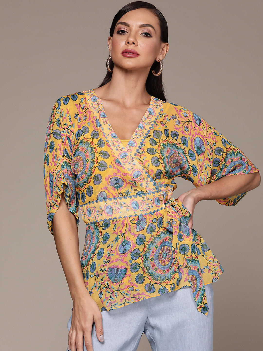 

aarke Ritu Kumar Yellow & Blue Floral Print Georgette Wrap Top