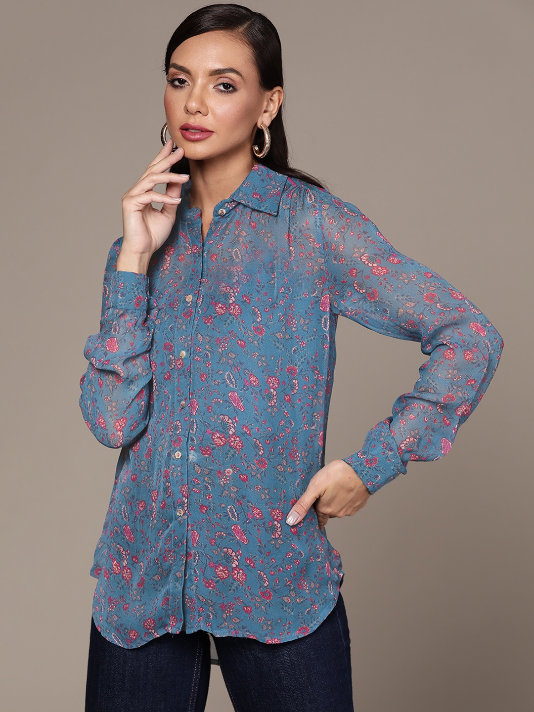 

aarke Ritu Kumar Women Blue & Pink Floral Print Casual Shirt