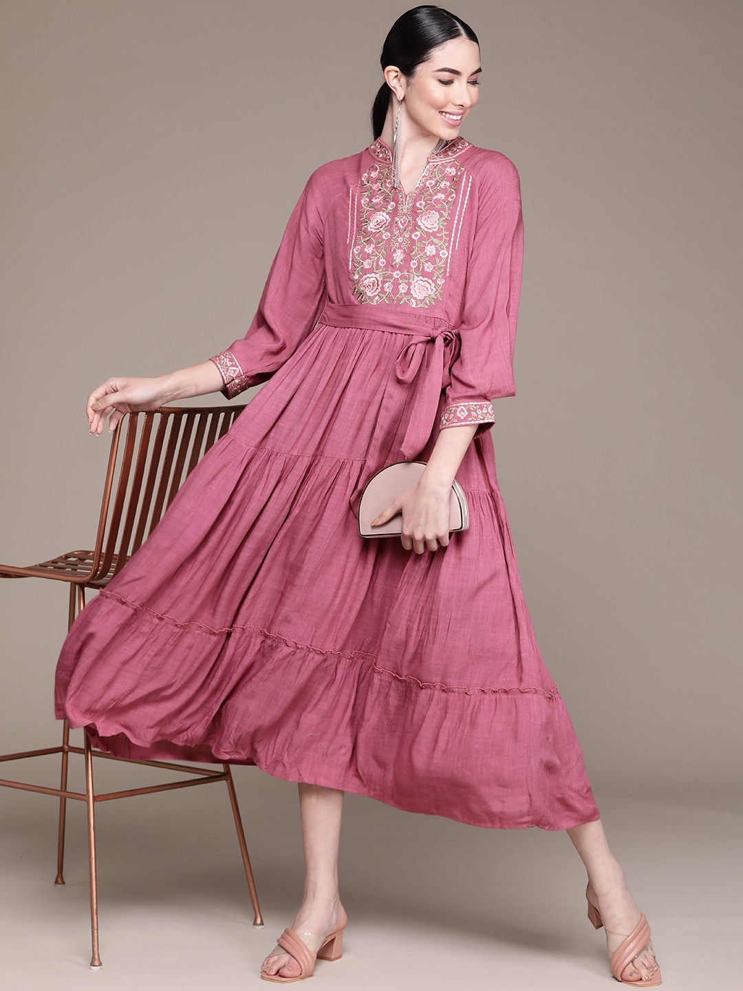 

aarke Ritu Kumar Women Mauve & Green Floral Embroidered A-Line Midi Dress