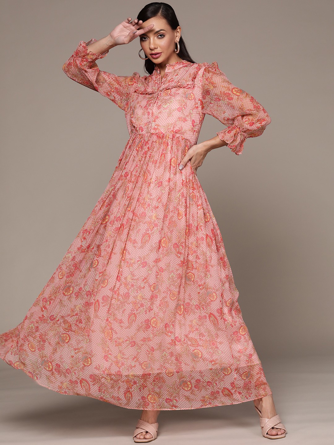 

aarke Ritu Kumar Pink & Yellow Floral Print Chiffon A-Line Maxi Dress