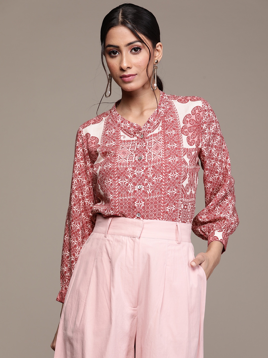 

aarke Ritu Kumar Women Off White & Red Ethnic Motifs Printed Longline Casual Shirt