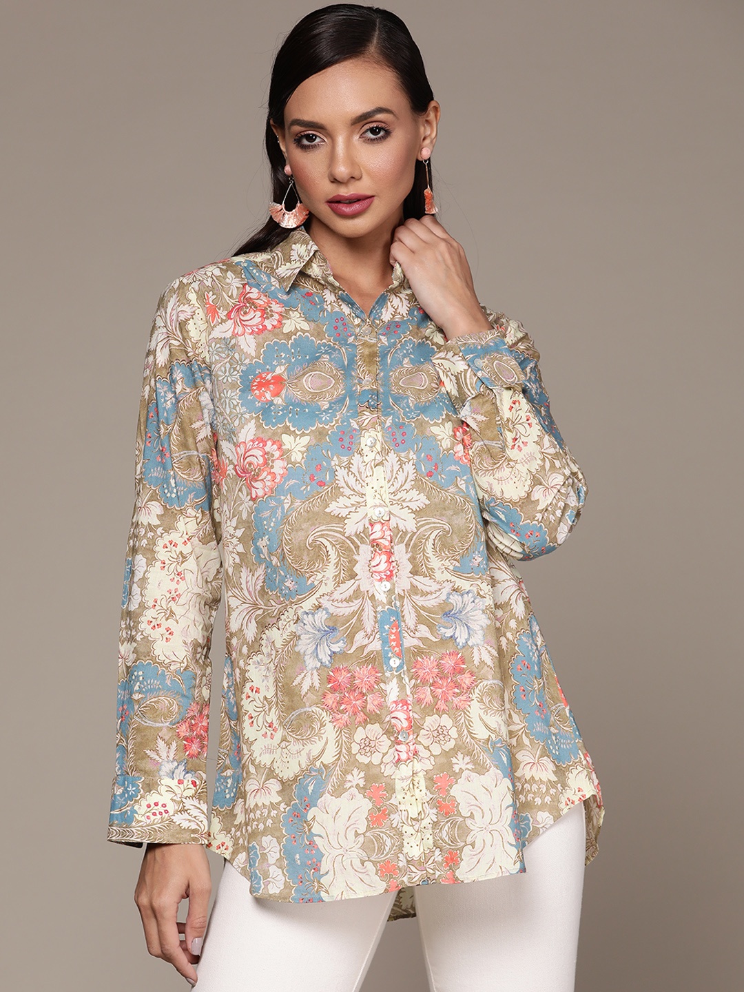 

aarke Ritu Kumar Women Off White & Blue Pure Cotton Floral Print Casual Shirt
