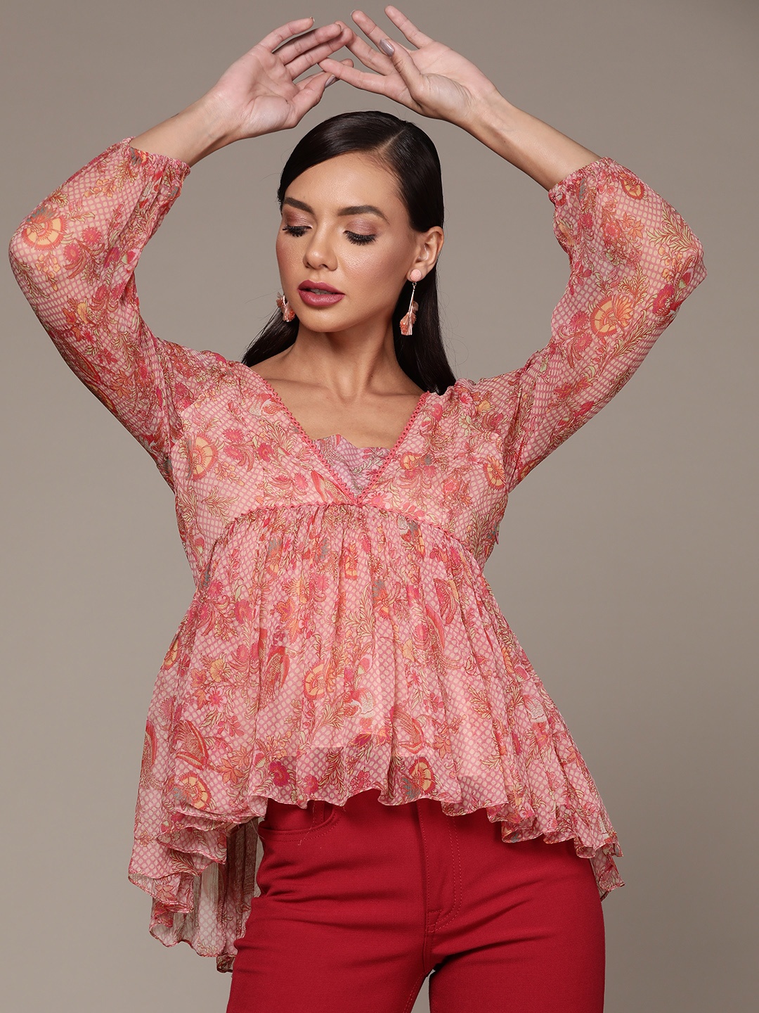 

aarke Ritu Kumar Pink & Yellow Floral Print Chiffon Top