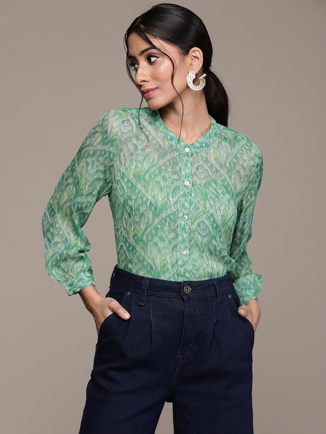 

aarke Ritu Kumar Women Green Ethnic Motifs Print Longline Casual Shirt with Camisole