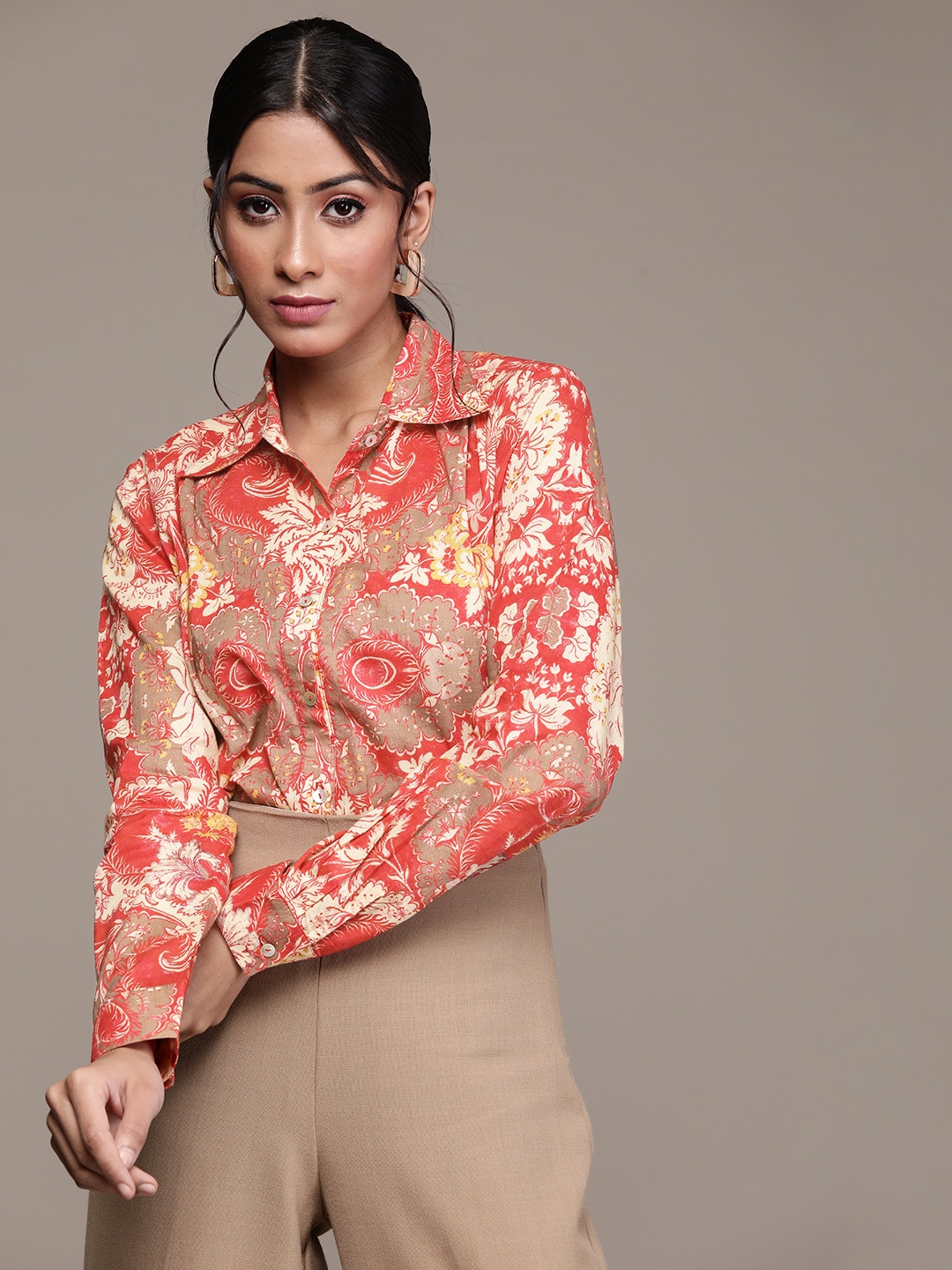 

aarke Ritu Kumar Women Orange & Off-White Floral Printed Cotton Longline Shirt