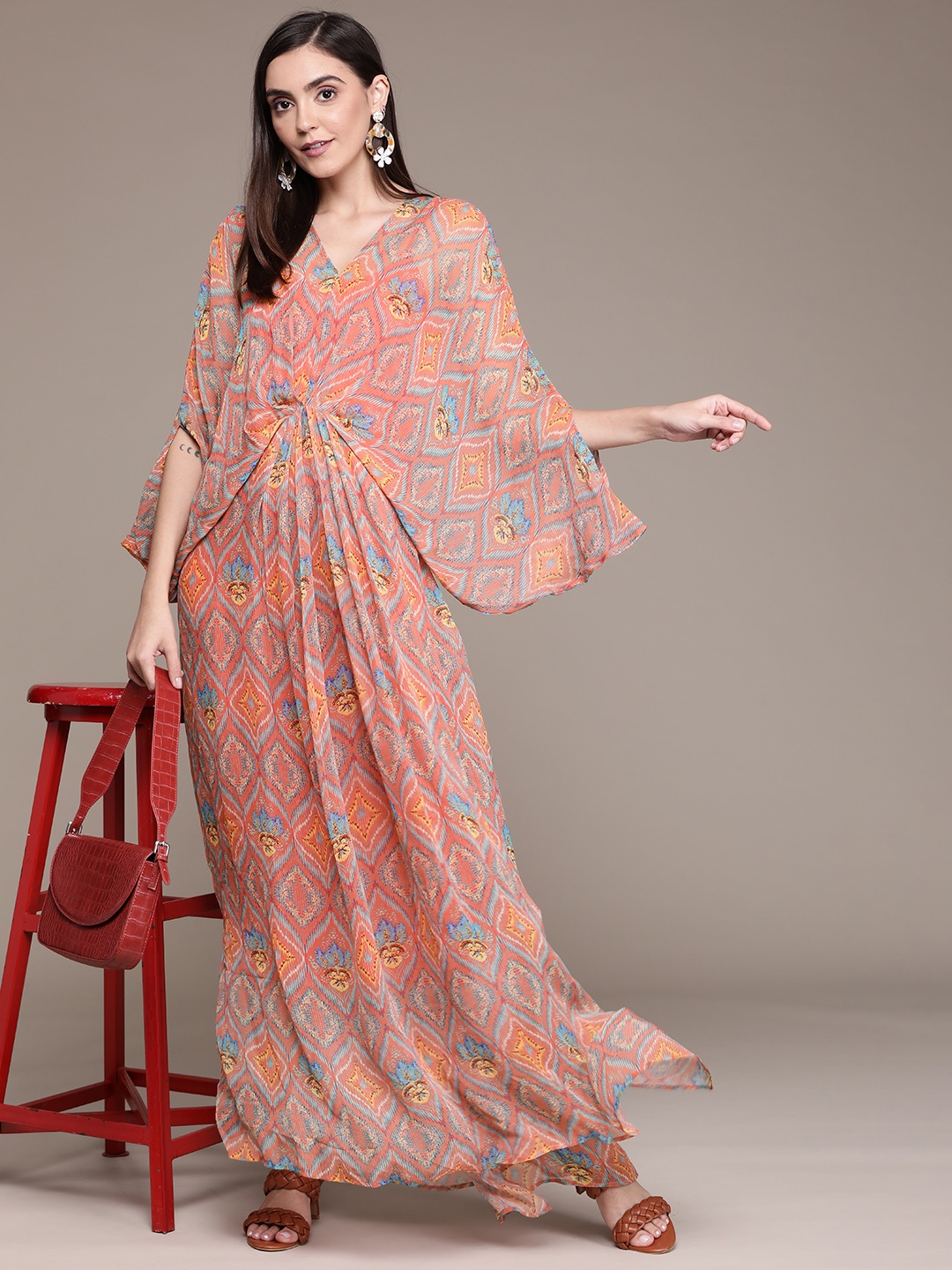 

aarke Ritu Kumar Women Rust Orange & Blue Abstract Printed Kaftan Maxi Dress