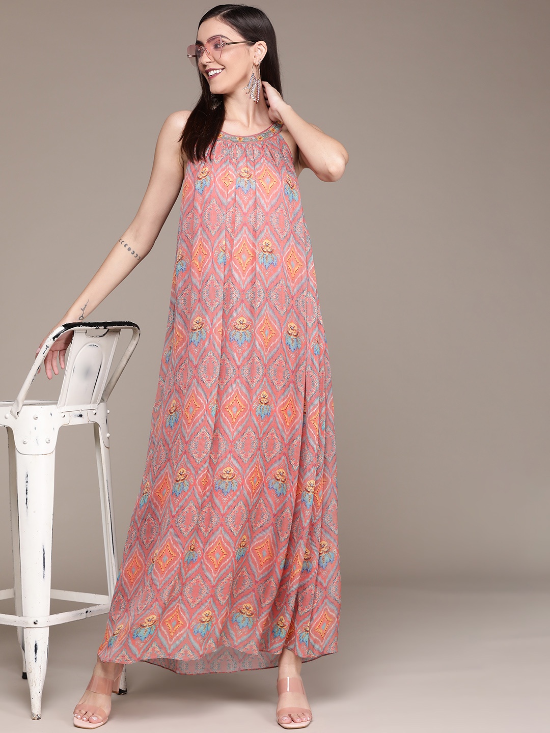 

aarke Ritu Kumar Women Rust & Blue Abstract Printed Maxi Dress