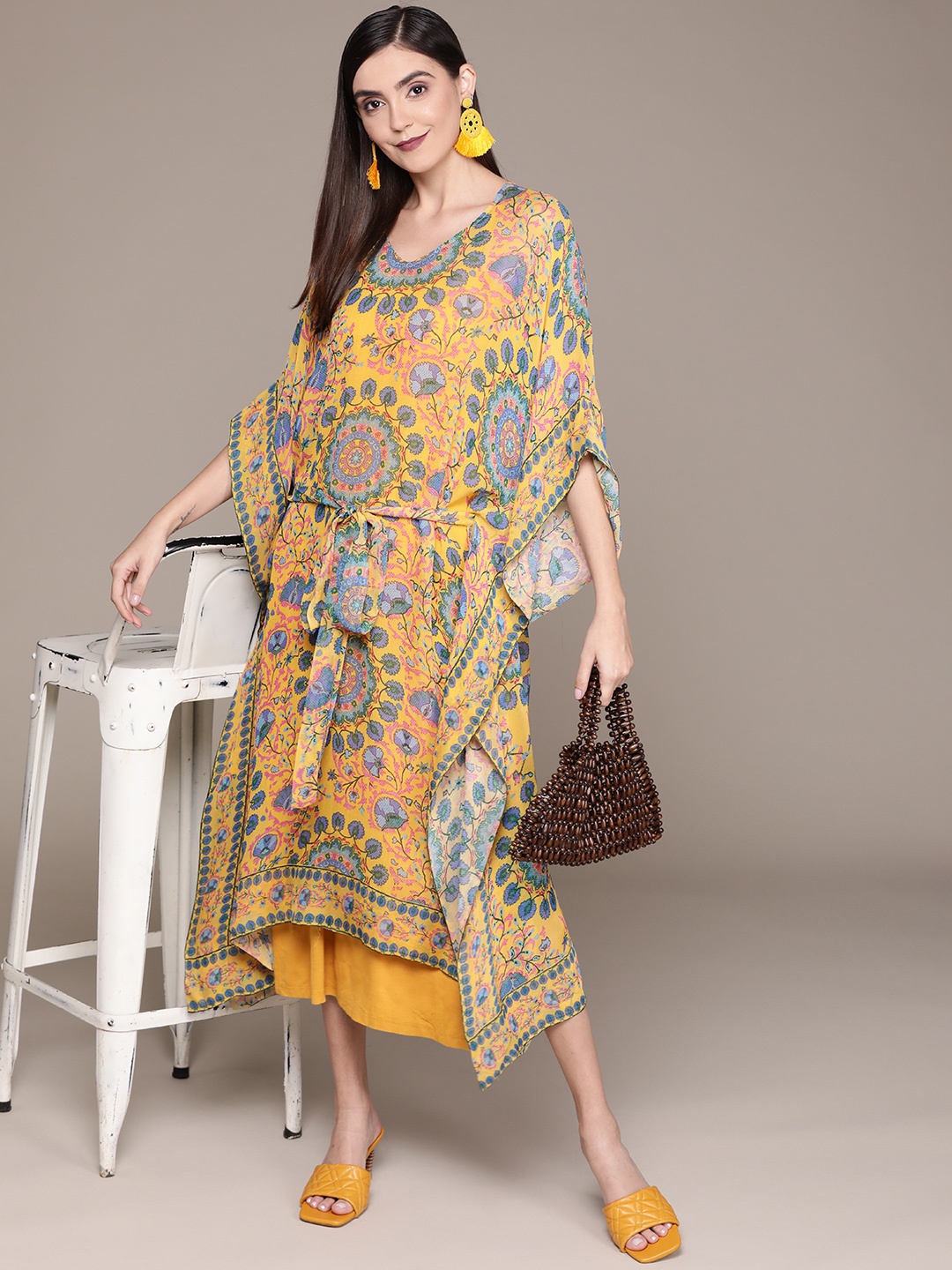 

aarke Ritu Kumar Women Yellow & Blue Ethnic Motifs Printed Georgette Kaftan Midi Dress