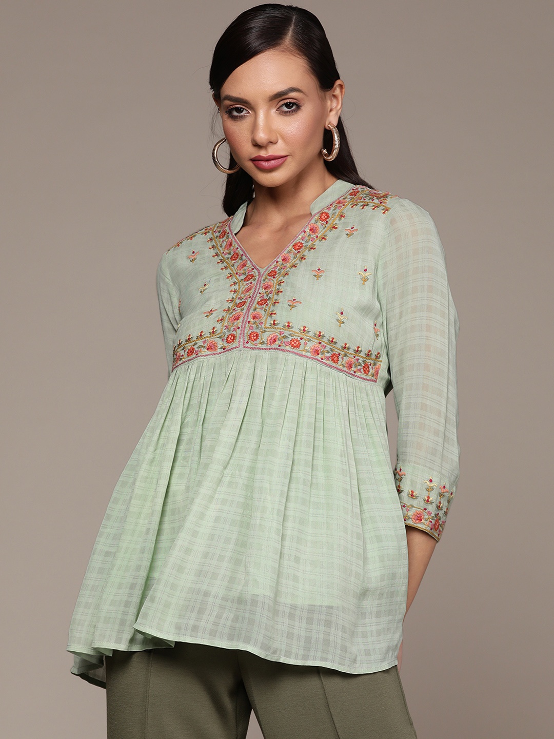 

aarke Ritu Kumar Green & Pink Floral Embroidered Mandarin Collar Top