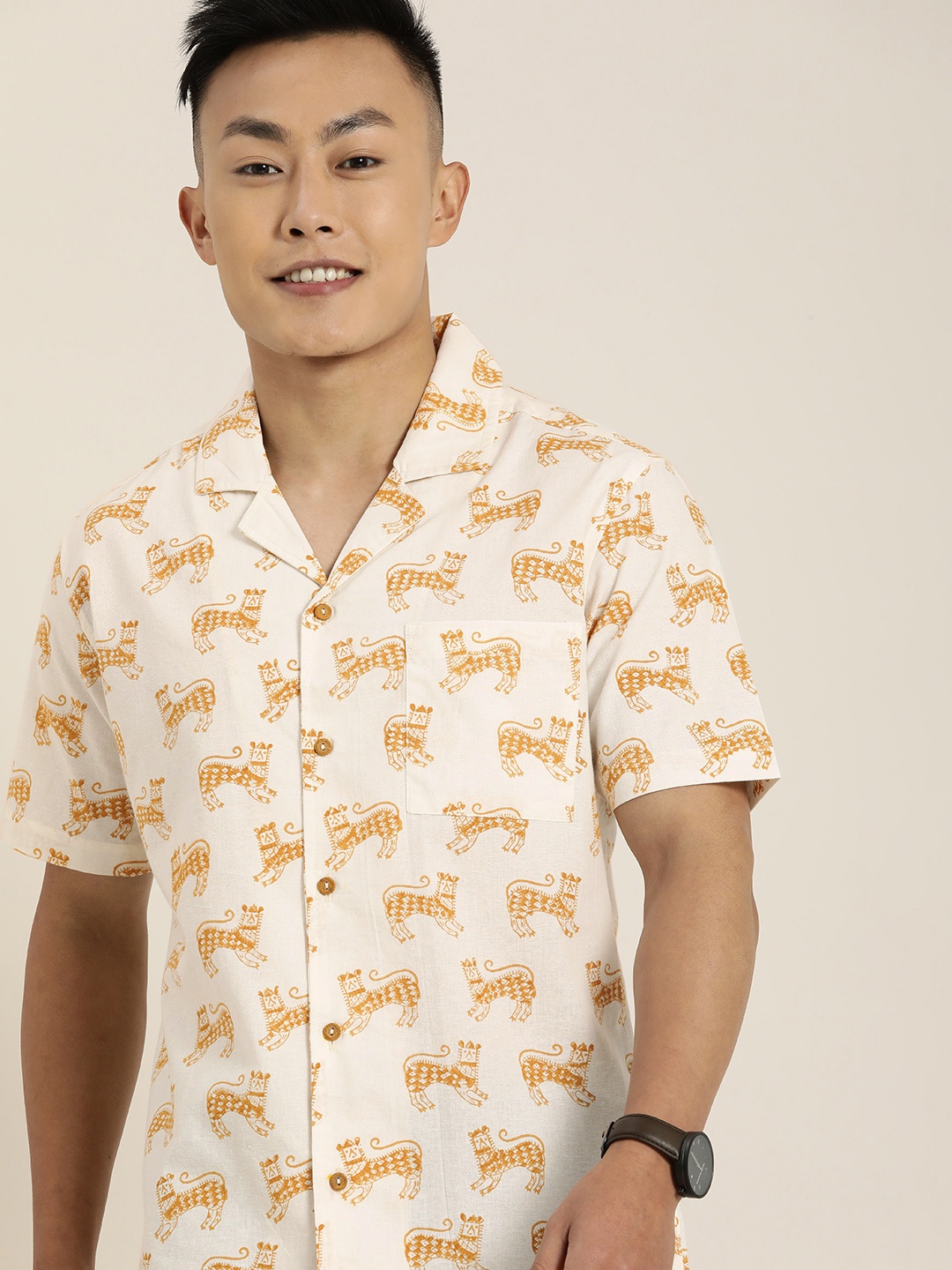 

Taavi Men White And Mustard Yellow Bagru Folk Printed Pure Cotton Casual Shirt