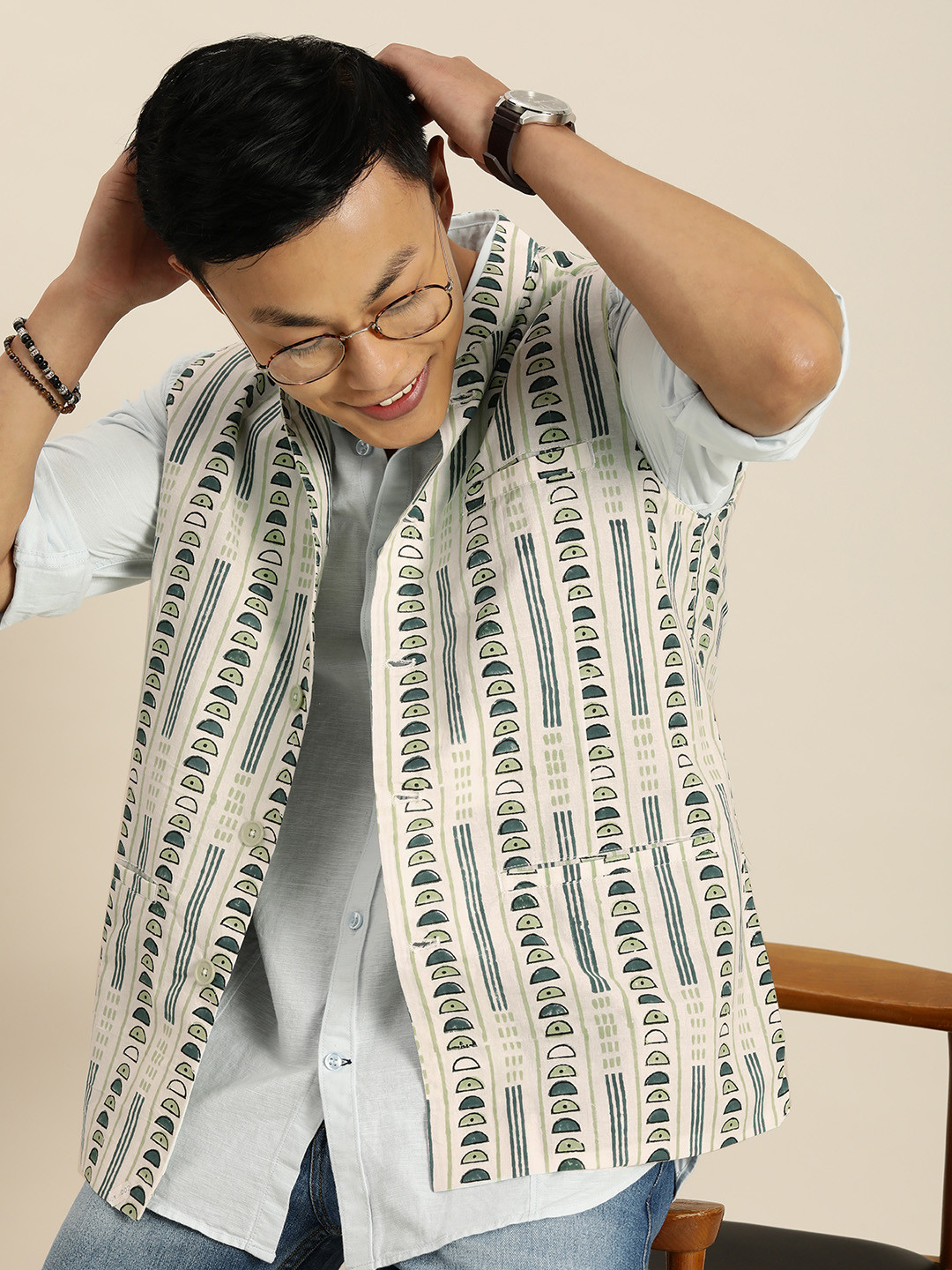

Taavi Men White And Green Wild Tribe Printed Sleeveless Nehru Jacket