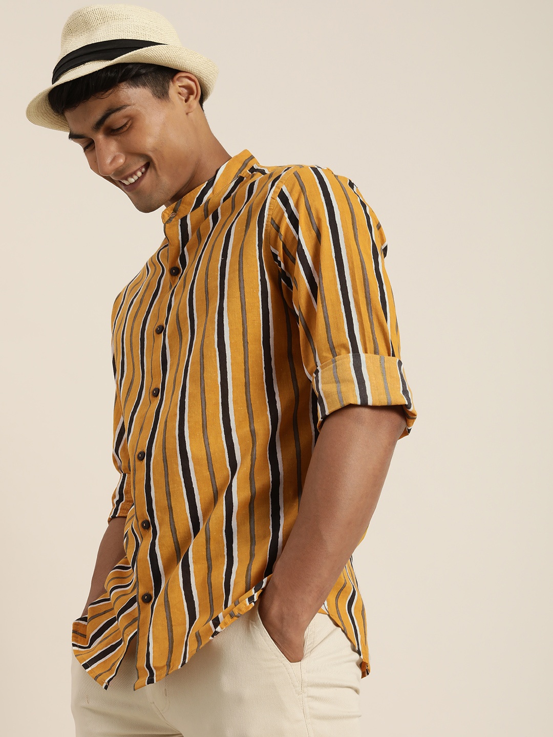 

Taavi Men Mustard Yellow And Black Striped Wild Tribe Casual Shirt